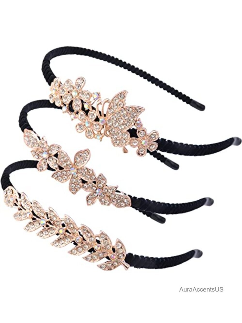 3 Pc Crystal Rhinestone Headbands Alloy Velvet Wedding Party Hair Accessories